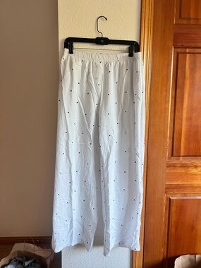 H&M White Pinstripe Heart Print Cotton Lounge Pajama Pants Size M Wide Leg